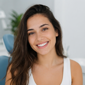 Paciente feliz tras tratamiento dental profesional.