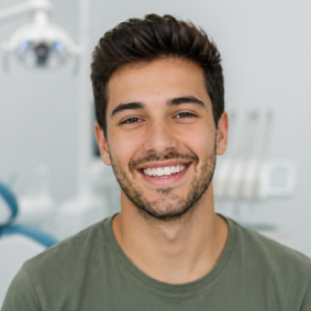 paciente con camiseta verde: Opción 1: Hombre joven sonriendo con dientes saludables