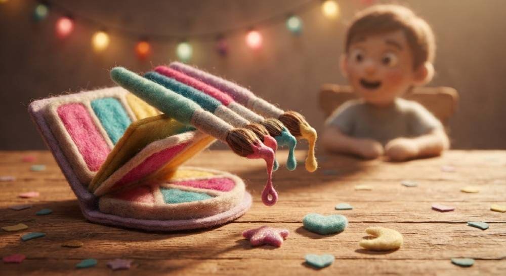 Maletín de pintacaritas estilo fieltro con pinceles goteando pintura en forma de estrellas y corazones, silueta de niño esperando emocionado, ilustración artesanal