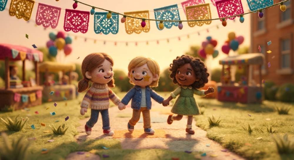 Tres niños de fieltro tomados de la mano caminando por un festival escolar con banderines y globos, uno con estrella dorada pintada en la mejilla